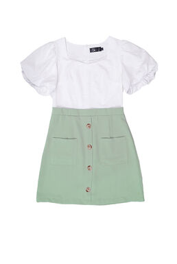 Fine Puff Sleeve Patch Pockets Button Down Dress (White + Grey Green)
